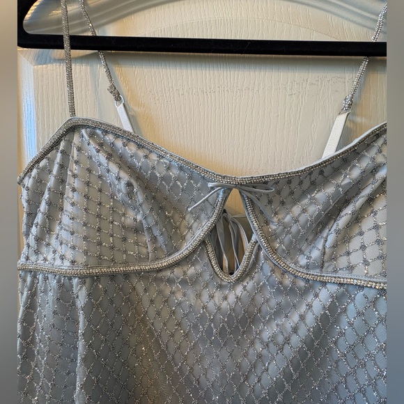 For Love & Lemons Glitter Slip Dress Mini Silver Satin Rhinestone Shiny Size XL - Picture 8 of 10